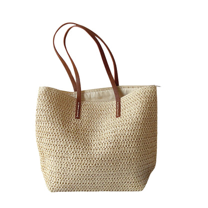 Sac Panier Tressé en Osier avec Poignées Cuir pour Femme