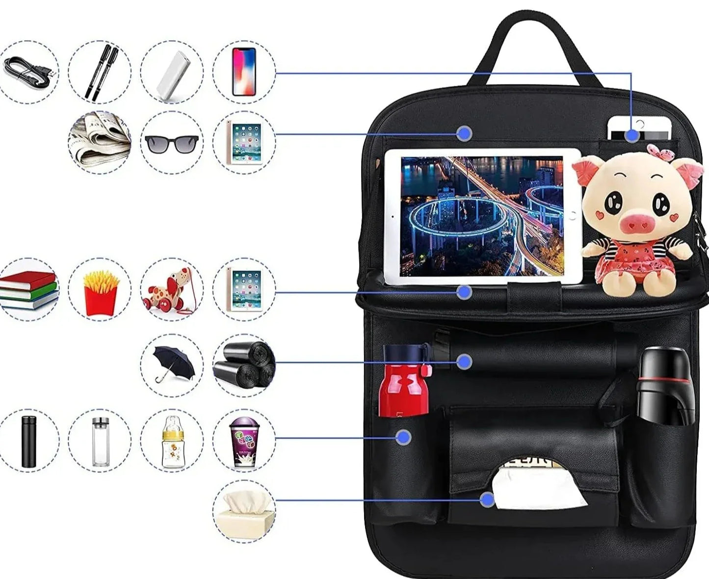 Support de siège auto avec plateau repliable en cuir